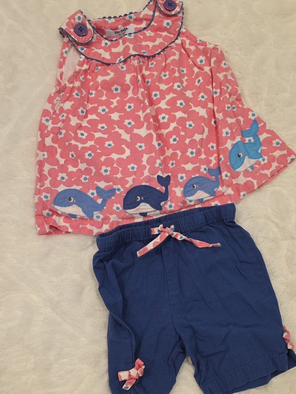 Baby Boden Pink Floral Whale Pajama Set with Navy Shorts